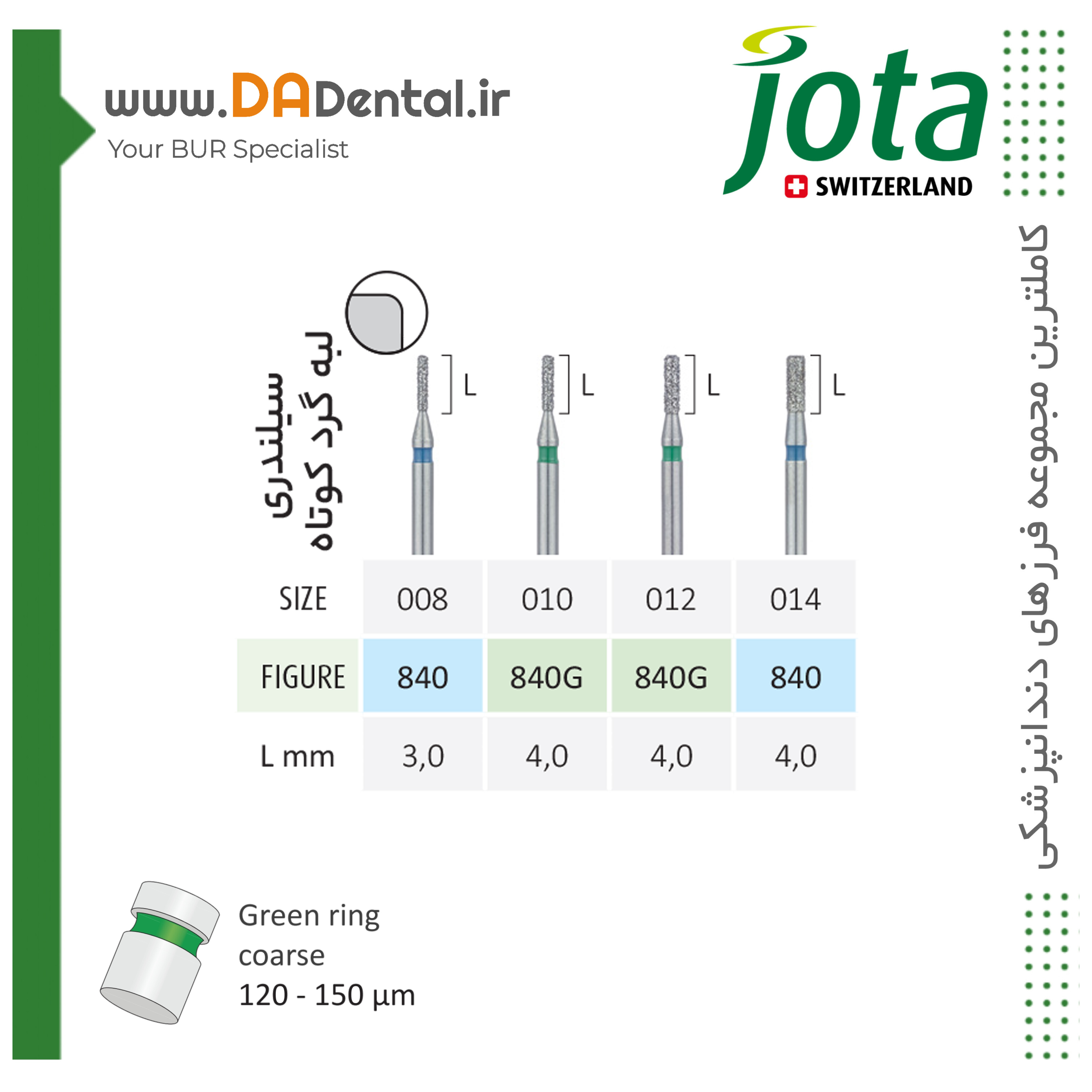 فرز فیشور کوتاه با لبه گرد الماسی دور سبز جوتا JOTA کد G840