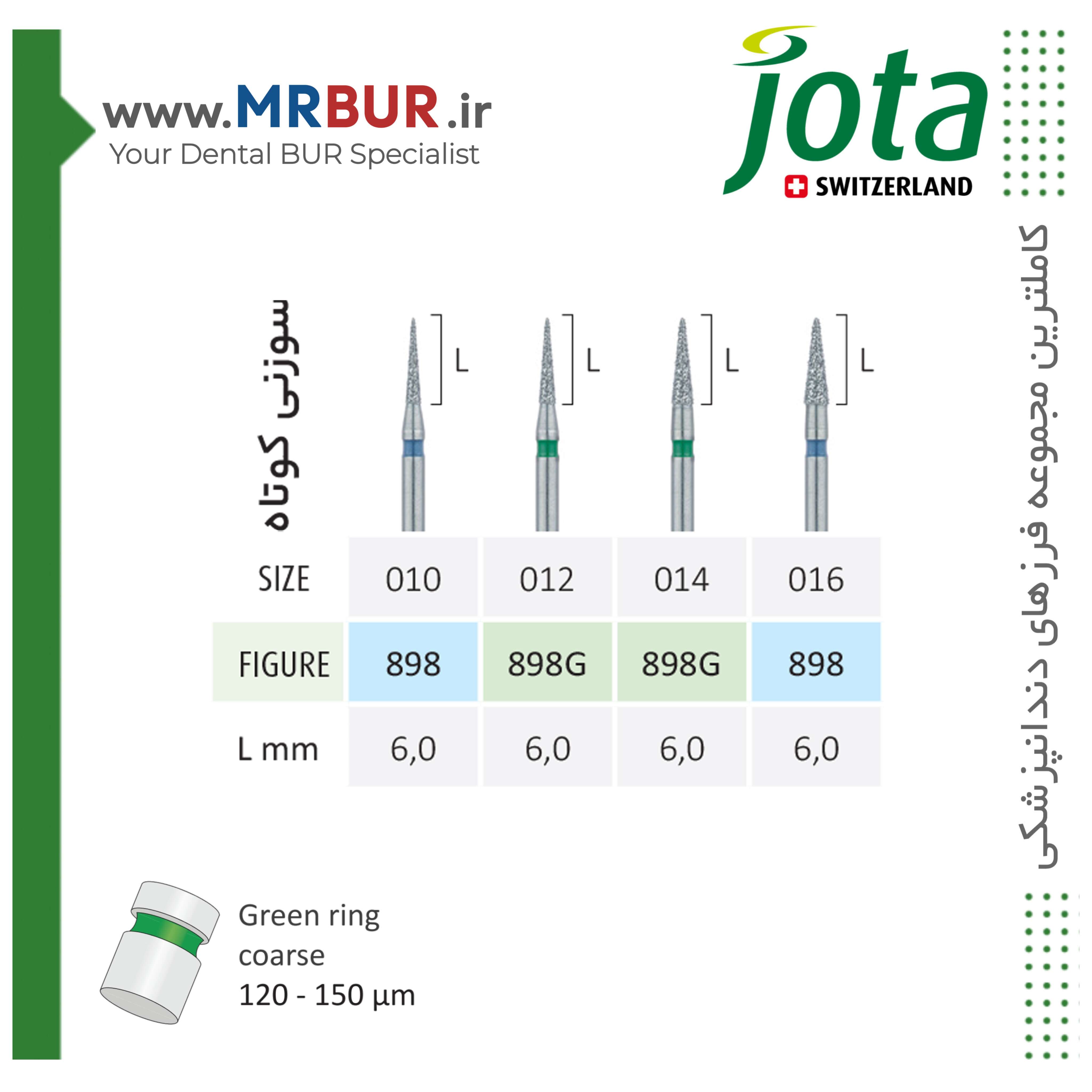 فرز دندانپزشکی نیدل کوتاه الماسی دور سبز و آبی جوتا JOTA کد G898