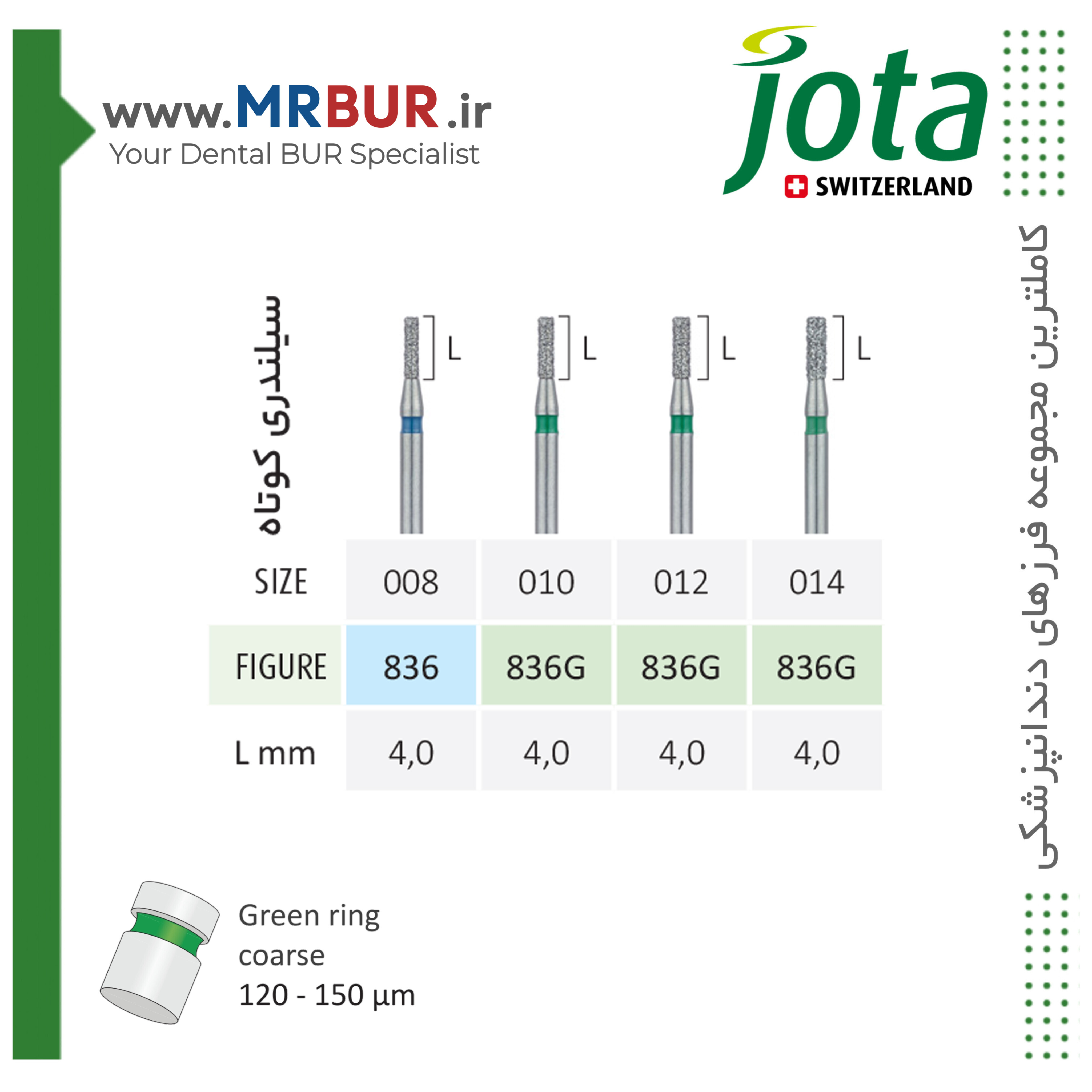 فرز دندانپزشکی فیشور کوتاه الماسی دور سبز جوتا JOTA کد G836